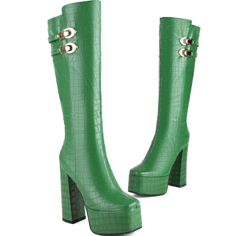 Black Knee High Boots for Women Platform Winter Shoes Green Heels Sexy Long Shoes Zipper Party Boots Lady Large Size New 2024