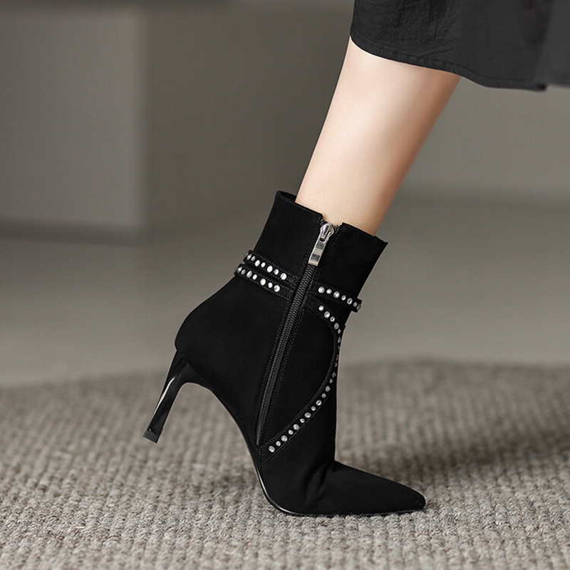 Fall New Shoes Pointed Toe High Heel Sheep Suede Ankle for Women Winter Solid Weave Elegant Modern Boots ca0b