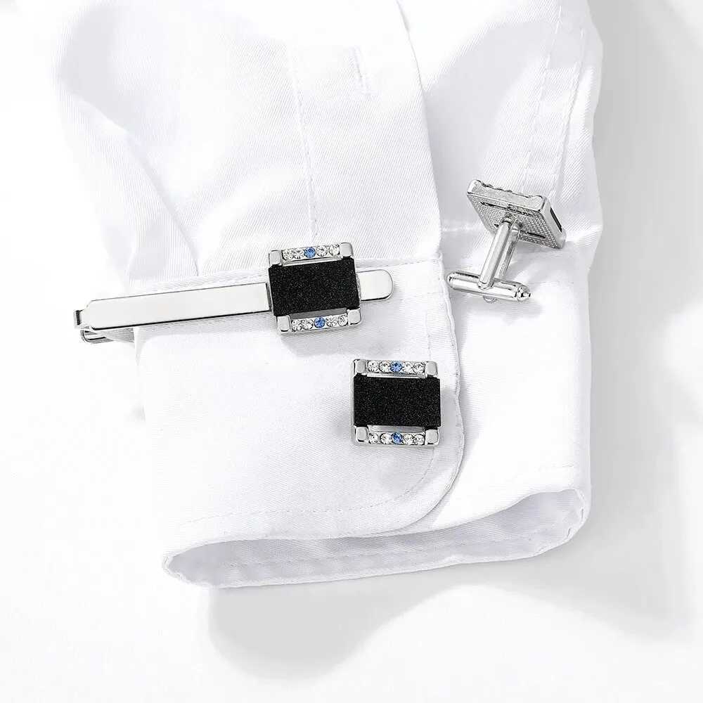 Geometric Rhinestone Galaxy Carbon Fiber Cufflink Tie Clip Set Personality Square Round Hexagon Rhombus Mens Crystal JewelryX240914