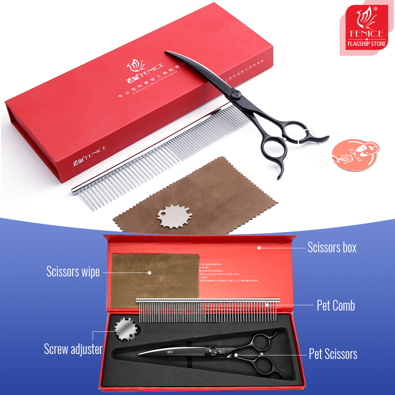 Fenice JP440C 6.5/7.5 Inch Professional Pet Serration Blade Grooming Scissors Set Kits Dog Straight&Curved&Thinner Scissors Kits