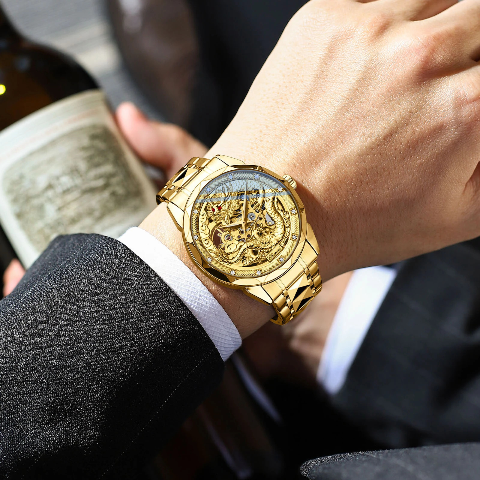 CHENXI 8899 Chinese nation Culture and Art 3D embossed dragon pattern gold automatic mechanical stainless steel watch for men 240906