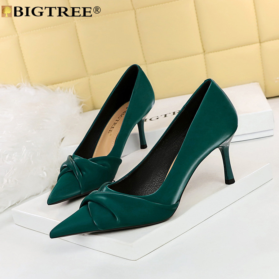2025 new High BIGTREE Stiletto Banquet Wedding Shoes Sexy Butterfly-knot Pointed Toe PU 7CM Thin Heels Retro Party Women Pumps Shoe 811d