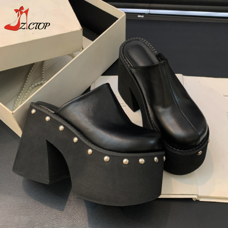 Women's Platform Sandals Black Gothic Closed Toe Chunky High Heels Slippers Rivet Slip On Y2k Punk Shoes Women Summer Size 41 42