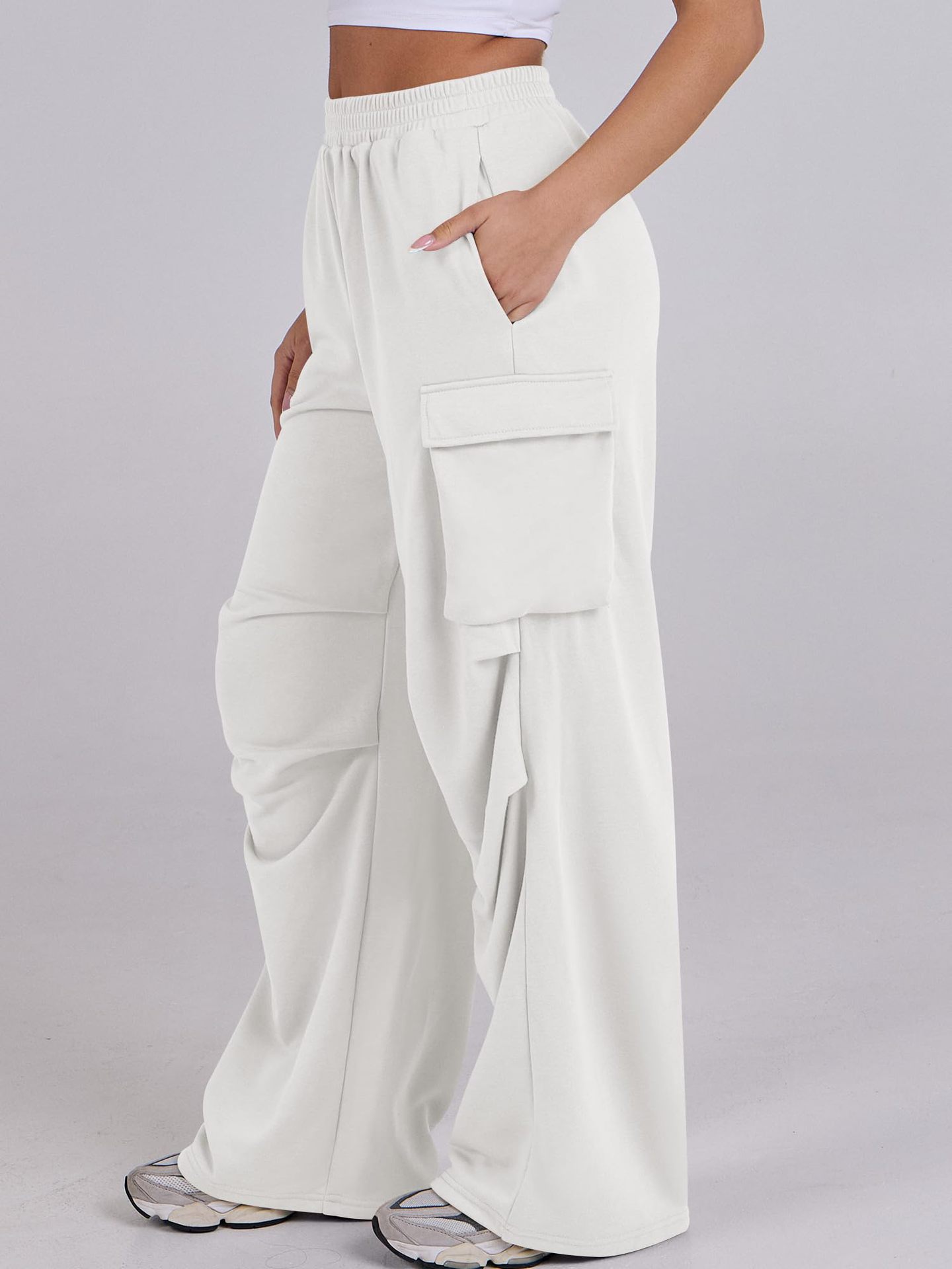 2024 autumn and winter elastic waisted work pants for women loose straight leg wide leg sports casual pants