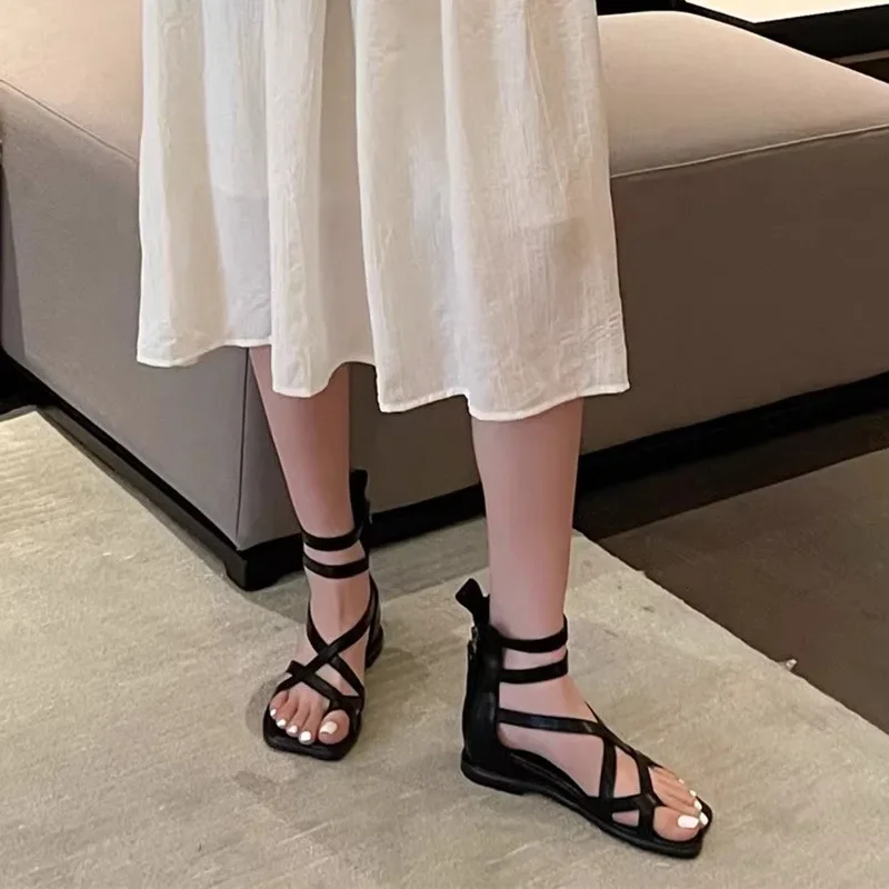 High-heeled Sandals New Fashionable Versatile Square Head Cross Strap Toe Flat Roman Women's Shoes