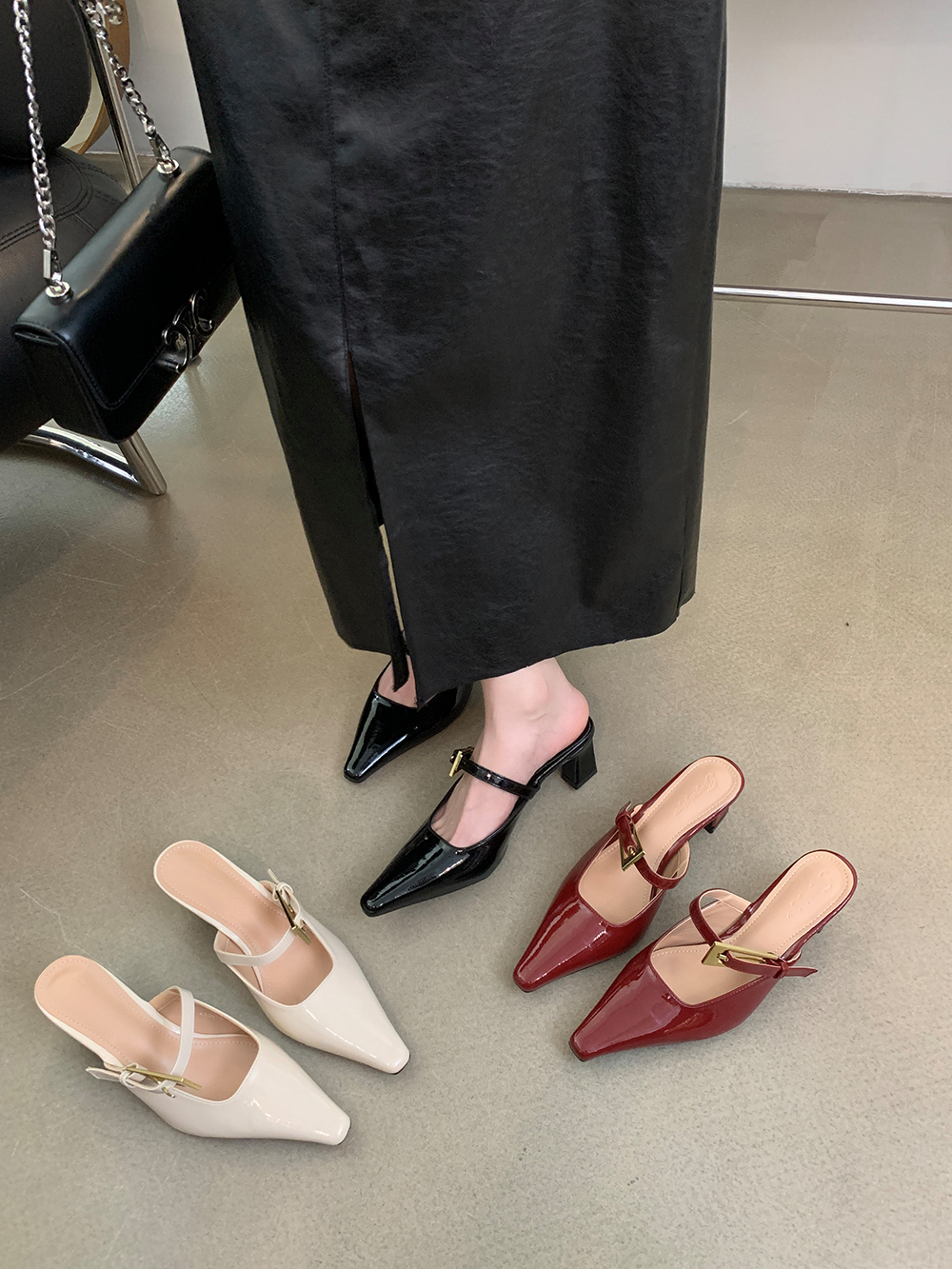 Patent Leather Women Slides Slippers Summer Outside Mules Shoes Thick High Heels Elegant Dress Shoes Woman Belt Buckle 35-39