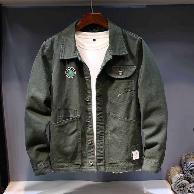 2024S printed and automatic denim jacket mens plus size loose collar fashionable street Japanese style workwear solid color casual top W240914