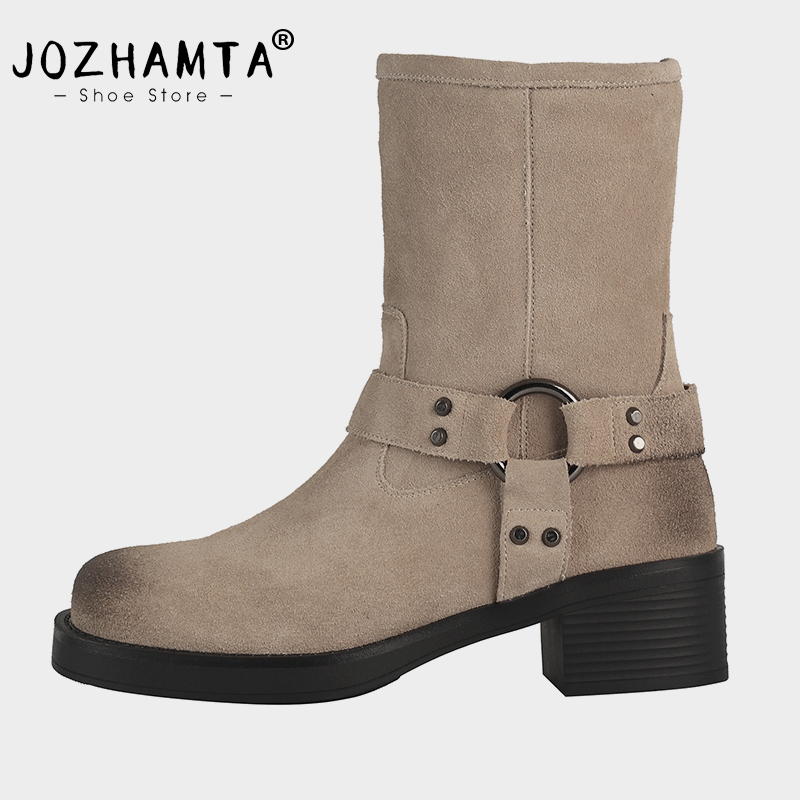 JOZHAMTA Size 34-39 Women Wide Mid Calf Real Leather Western Cowboy Boots For Cowgirl Thick Heels Shoes Winter Daily Dress