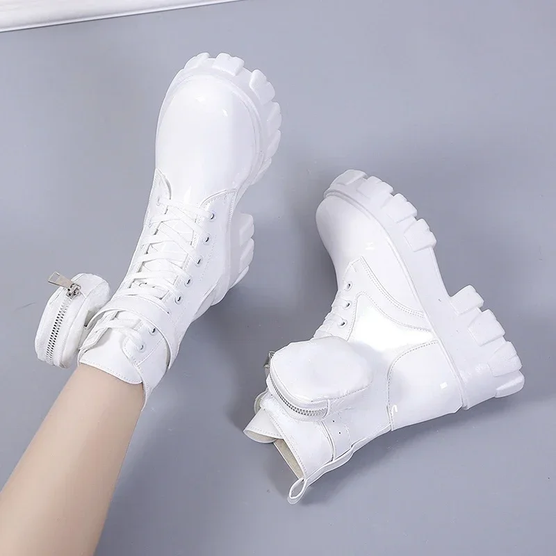 New Autumn Winter Shoes Women Short Boots Pocket Buckle Strap Ankle Boots Red PU Leather Mid-calf Platform Booties Cross-tied