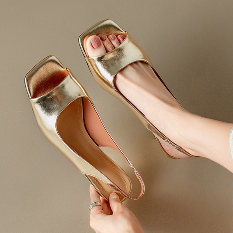 Women's Sier Thin High Heels Sandals Summer New Single Band Square Open Toe Slippers Woman PU Leather Slip on Sandalias Mujer