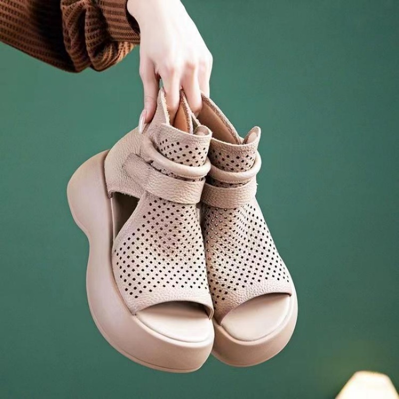 Summer New Hollow Breathable Hole Shoes Thick Sole Genuine Leather Fish Mouth Hook & Loop Retro Comfortable Women Sandals