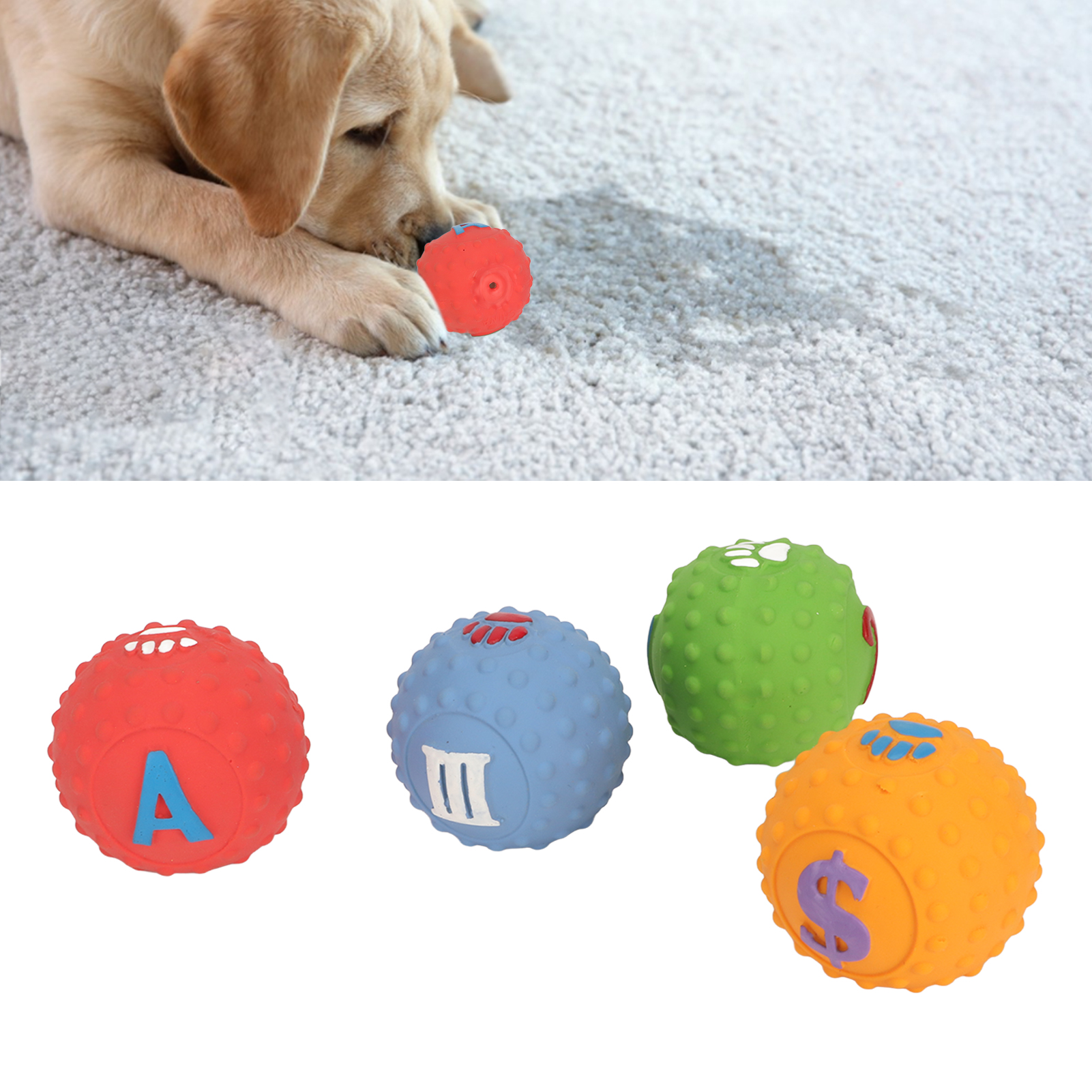 Latex Dog Ball Toy Squeaky Interactive Soft Puppy Chewing Fetching Toy With Fun Pattern For Small Medium Pet 4pcs