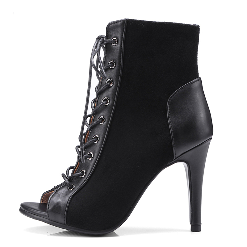 Peep Fashion Toe Summer Heels Ankle For Women Sexy Short Boots Ladies Lace Up Black Party Jazz Dance Shoes Female 2660