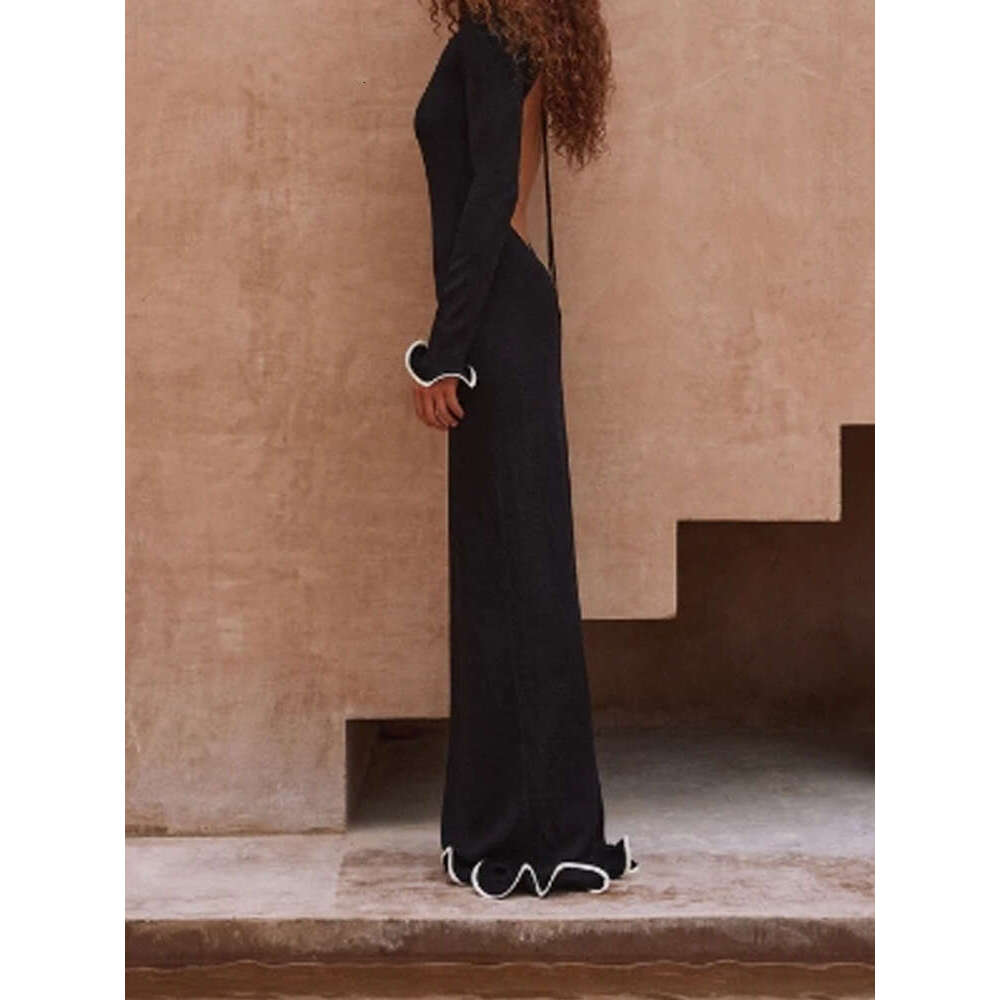 Women Fashion Boat Neck Knitted Dress Elegant Long Sleeves Backless Lace Up Slim Dresses 2024 New Autumn Female High Streetwear