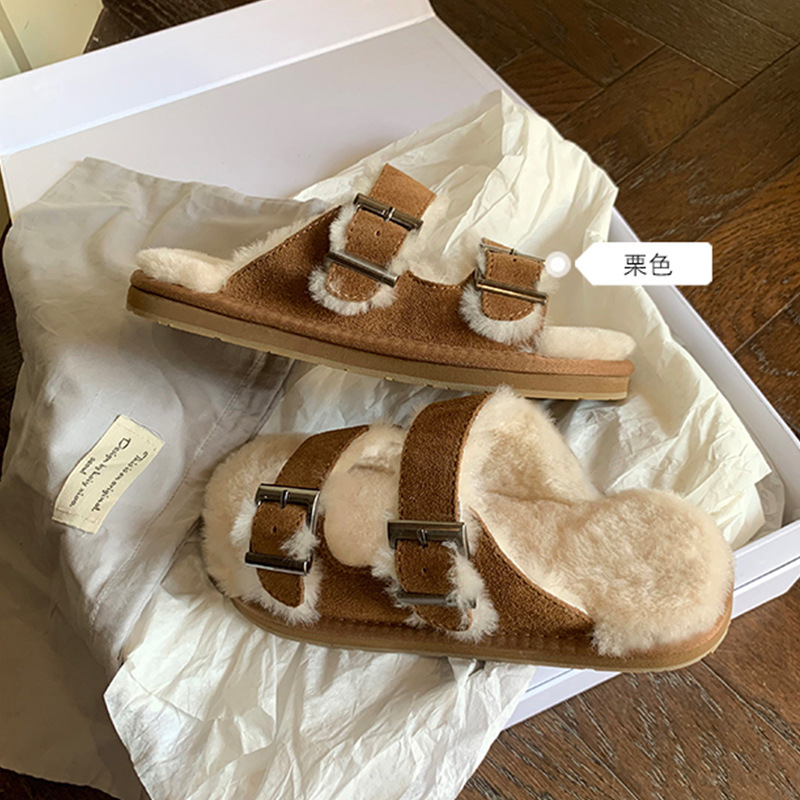 Ins Winter lambswool cork slippers women warm plush fur shoes woman thicken soled double belt buckle cotton slides mujer 2021