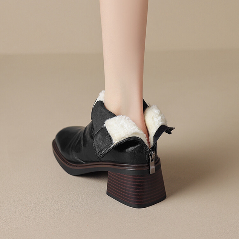 Winter NEW Split Leather for Square Toe Chunky Heel Women Shoes Retro Zipper Snow Warm Plush Boots 1091