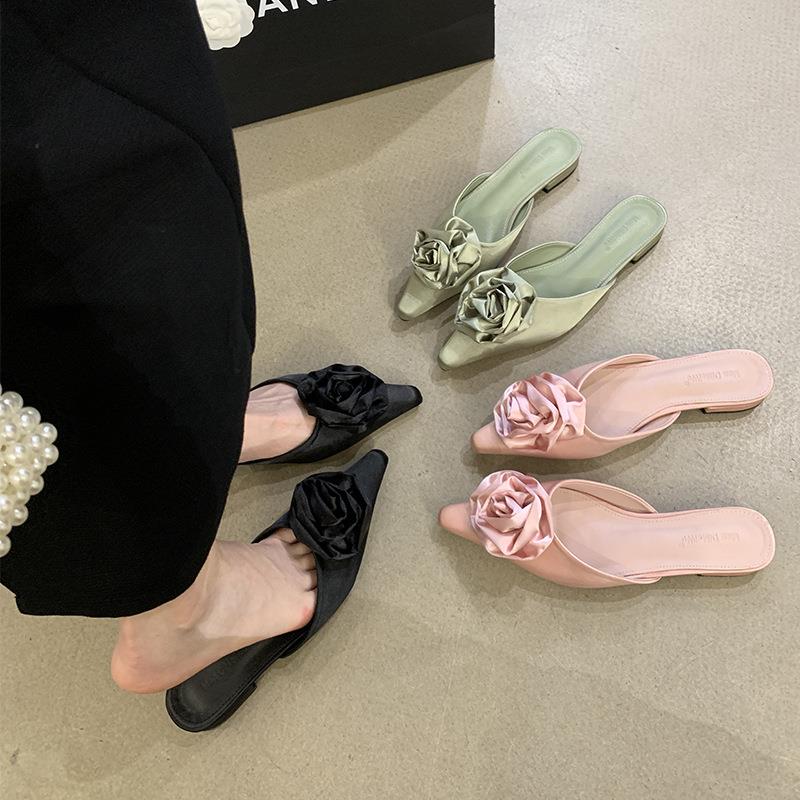 Shoes Female Slippers Casual Square heel Low Cover Toe Slides wer 2024 Block Flat Summer Pointed Fashion Fabric Rubber ecb7 04f