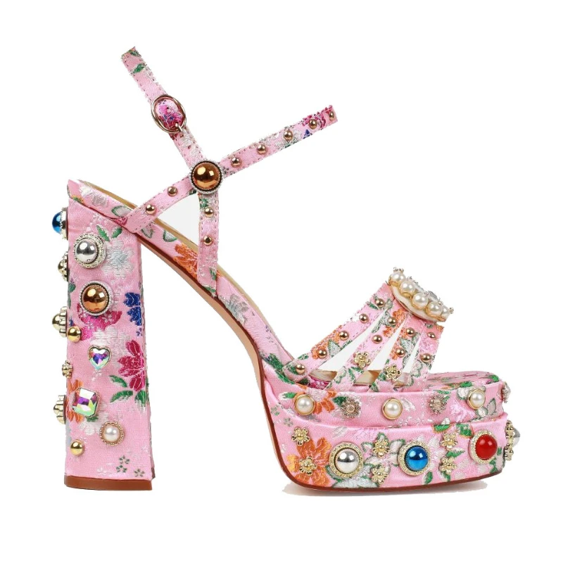 Summer 2024 Satin Rhie Gem Sandals 14.5Cm Open Toe Thick Quality Platform Shiny Women's New High Heel Shoes Size34-43 73Da