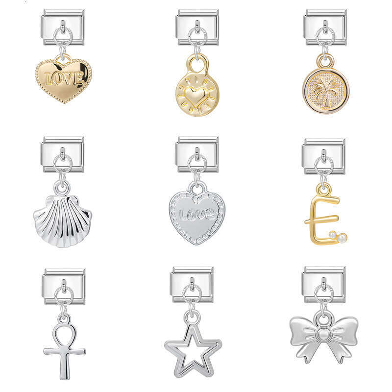 New Women's Gift Shell bow heat Pendant Italian Charms Links Bangle Beads Fit 9mm Stainless Steel Bracelet Making DIY For Women Fashion Jewelry