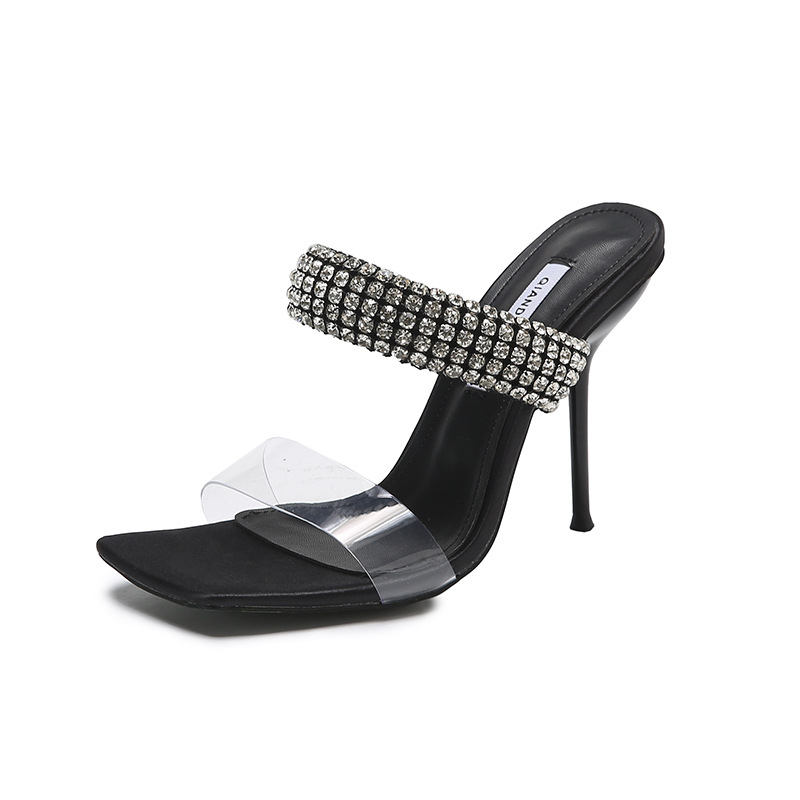 sexy ladies rhinestone high heels slide shoes woman open toe narrow band transparent sandals women thin heel crystal slippers