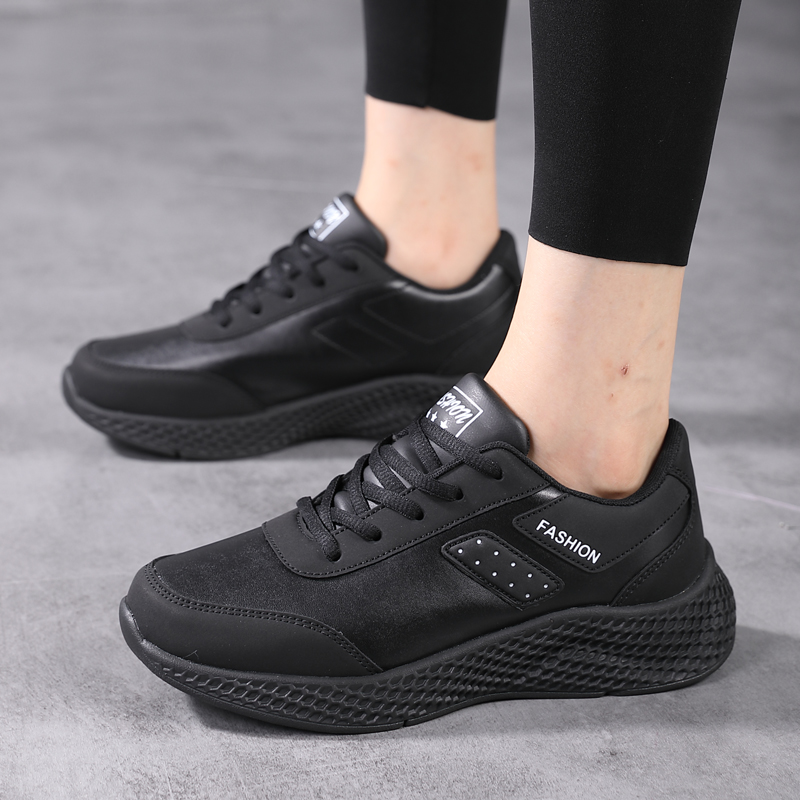 Casual Black Leather Sneakers: Women's Lace-Up Flats, Lightweight Hot & Comfortable Anti-Slip Outdoor Sports Shoes Sneakers: Flats, &