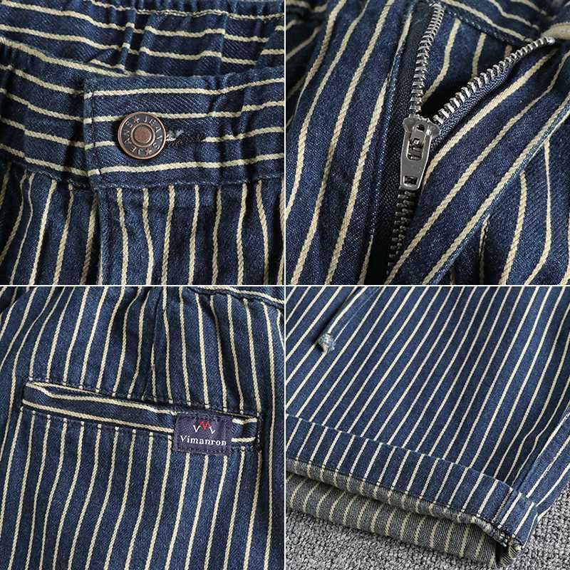 Retro Pinstripe Washed Denim Shorts for Men Blue Casual Loose Straight Half Pants for Youth Male 100% Cotton Harajuku VintageX240914