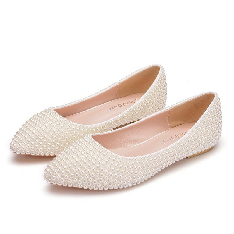 White Flat Bridesmaid Shoes Bride Wedding Pumps Women's Single Shoes Handmade Pearl Maternity Shoes