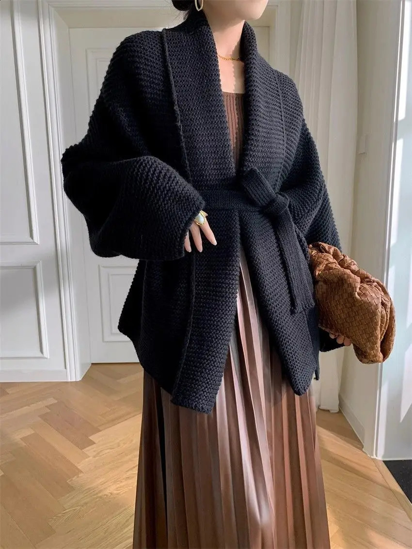 Knitted Cardigan Womens Autumn Winter Korean Vneck Waistband Tie Up Slimming Loose Ins Westernstyle Sweater Jacket 240904