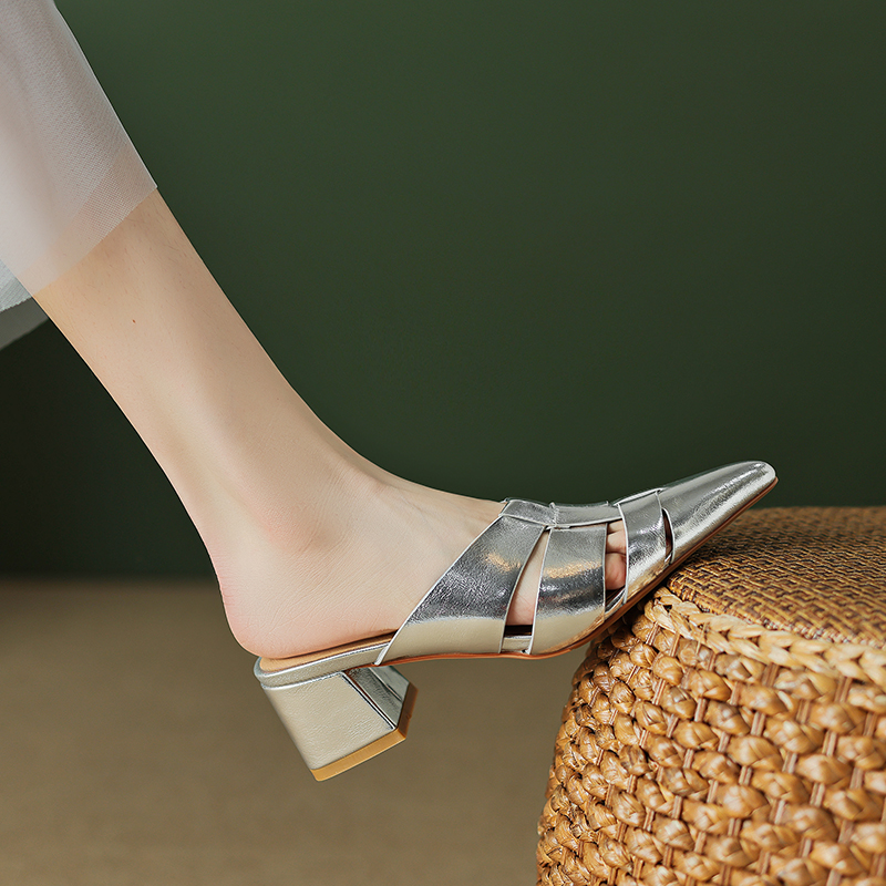 New 2024 New Summer Shoes Pointed Toe Solid Genuine Leather High Heel Mules Outside Slipper for Women Sandals 9df2