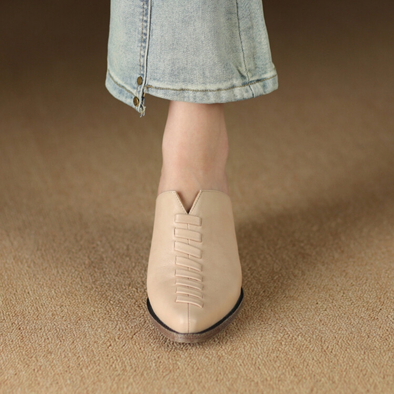 Summer NEW Mules Genuine Leather Shoes for Cover Chunky Heel Slippers New Cross-tied Pointed Toe Black Women Sandals 256c