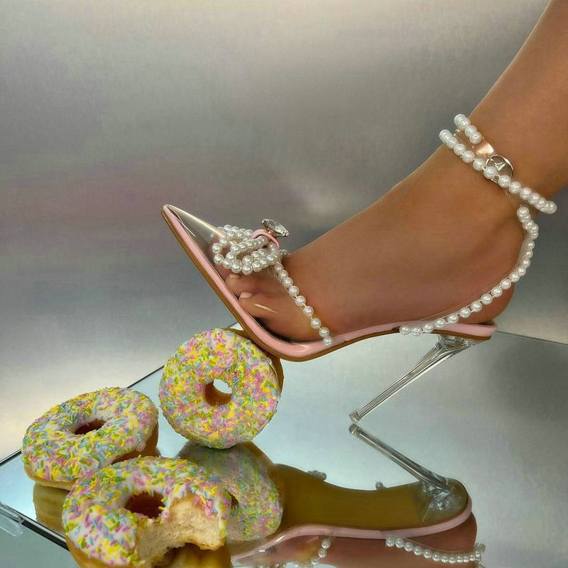 New Pointy French High Heels Sexy Shoes Sweet Pearl Bow Summer Rhindias Transparent Women's Style Sandals 82a2