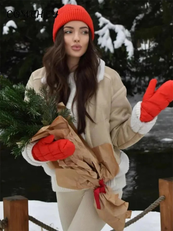 Wool sheepskin short sleeved womens jacket long lapel zipper pocket with fashionable autumn and winter street clothing fully matched 240905