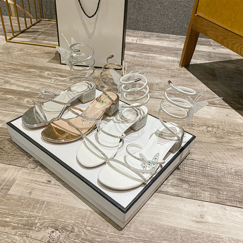 Luxury Sandals Women's 2024 New Thick Heel Square Head Shiny Winding Fairy Rhinestone Butterfly Roman Sandals