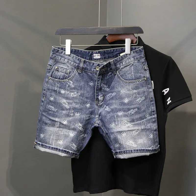 New Summer Luxury Clothing Denim Casual Short Jean Men Shorts Knee Length Washed Printed Fashion Korean Punk Trendy Cowboy PantsX240914