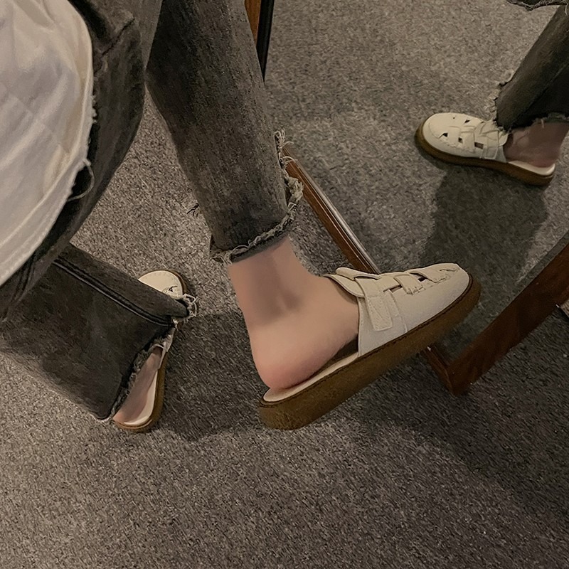 Baotou Sandals Women Wear 2024 Summer New Hollow-out Heelless Thick Sole Lazy Half Slippers Women Shoes Slippers