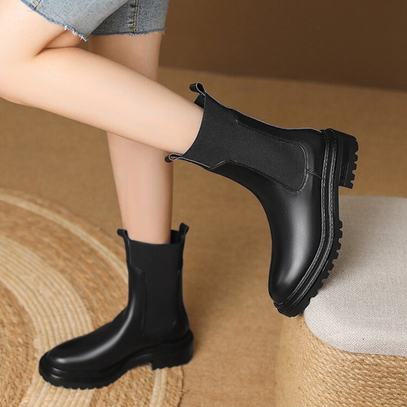 Ankle Autumn Round Toe Chunky Heel Genuine leather Slip-on Black Boots Winter Shoes Women 1646