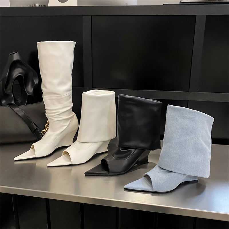 Eilyken Fashion Pointed Peep Toe Women New Boots Sandals Designer Knee-High Booties Wedges Heels Ladies Shoes atos De Mujer 66b6