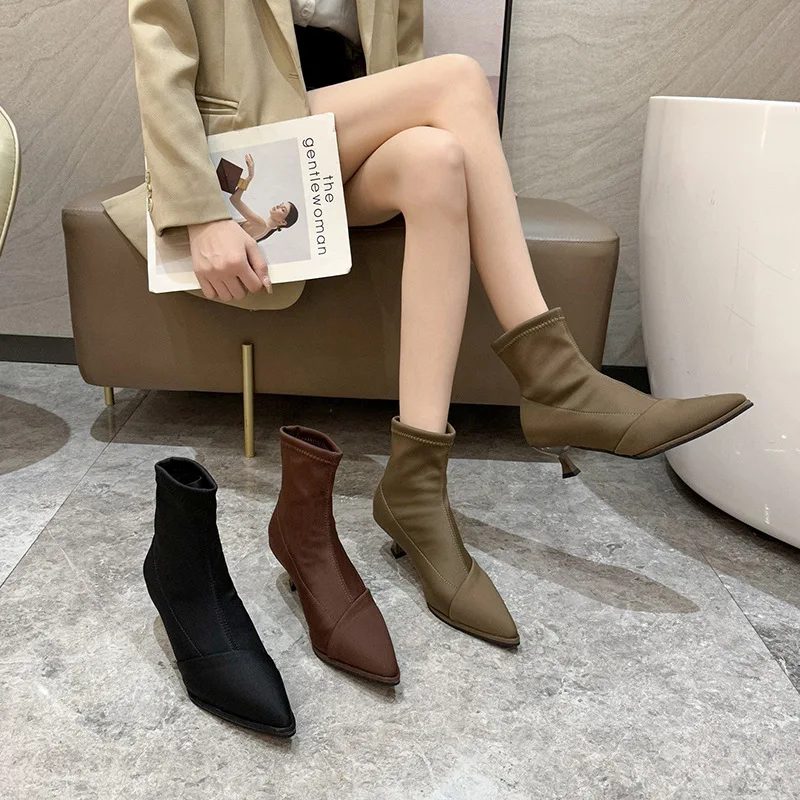Women Elastic Socks Short Boots Pointed Toe Ladies Elegant Thin Heel Slip On Slim Ankle Boot Chelsea Shoes 2023