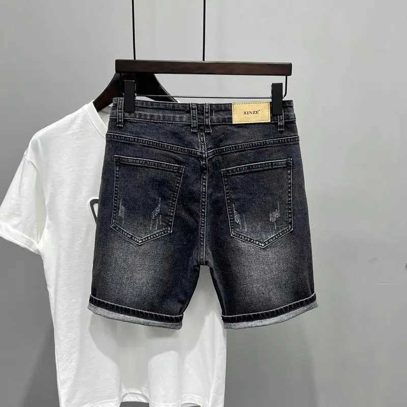 New Summer Mens Casual Jeans 2024 Knee Length Denim Shorts Black Designer Boyfriend Slim Stretch Five Pocket Denim Short PantsX240914
