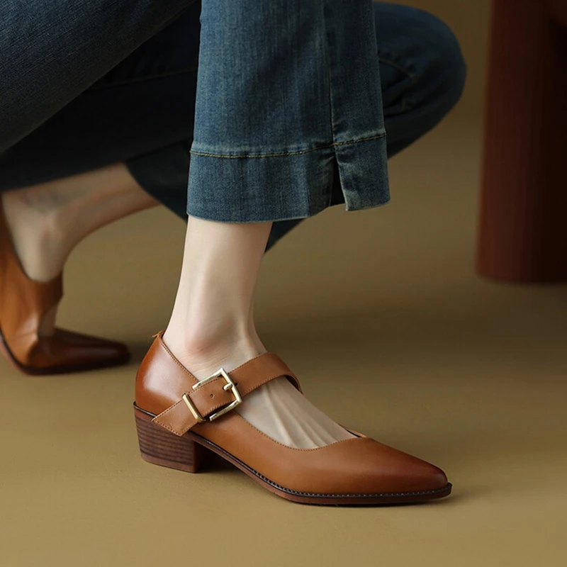 Spring/Fall NEW Pumps Genuine Leather for Women Pointed Toe New Chunky Mid-Heel Mary Janes Retro Belt Buckle Shoes 91c9