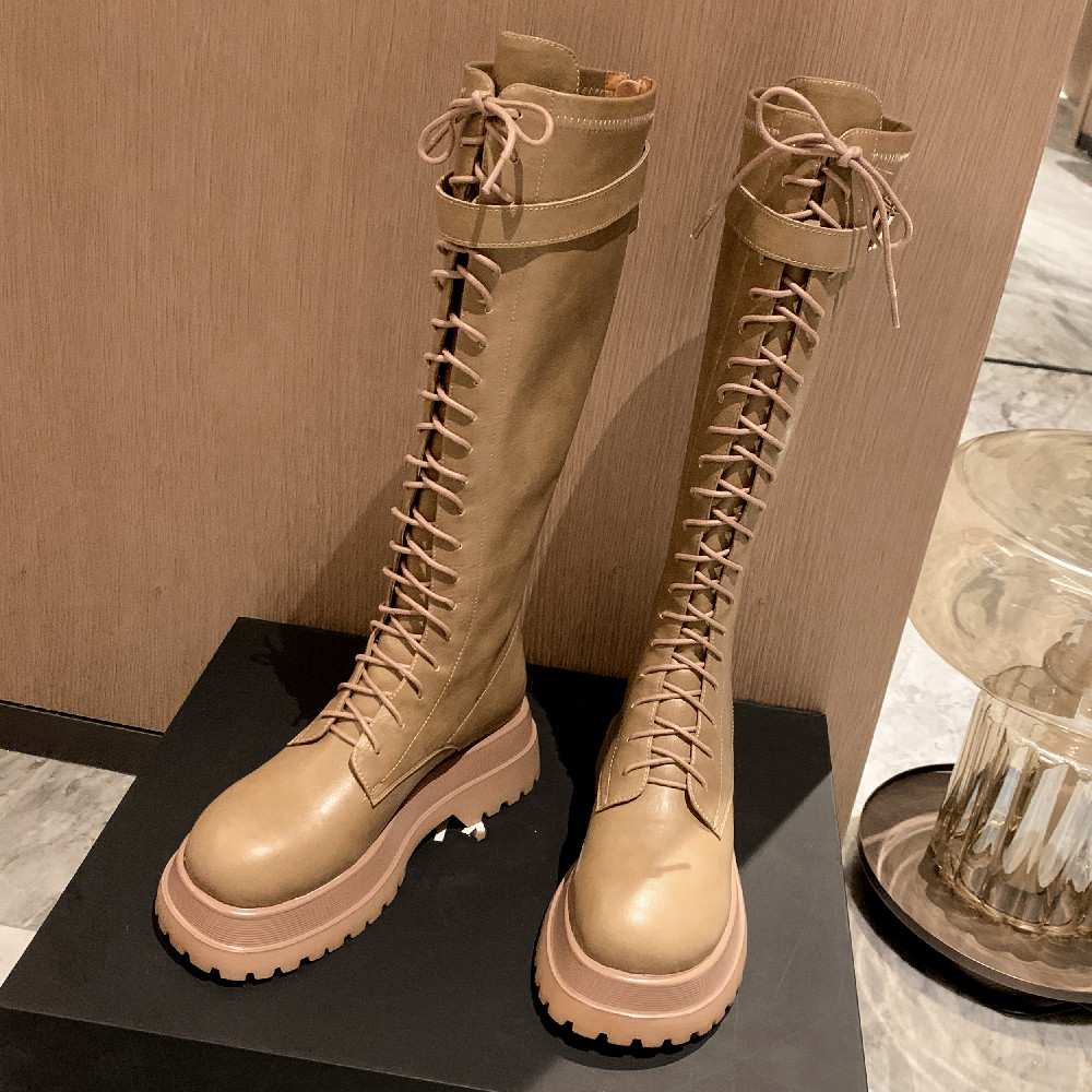 women's danxuefei genuine leather lace-up thick sole platform flats autumn knee high casual punk knight boots back zip hot 3683