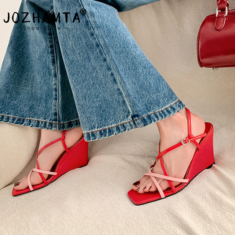 2025 new Size JOZHAMTA 34-40 Women Wedges Sandals Real Leather Gladiator Strappys High Heels Summer Shoes Ins Fashion Party Daily Dress 3e3f