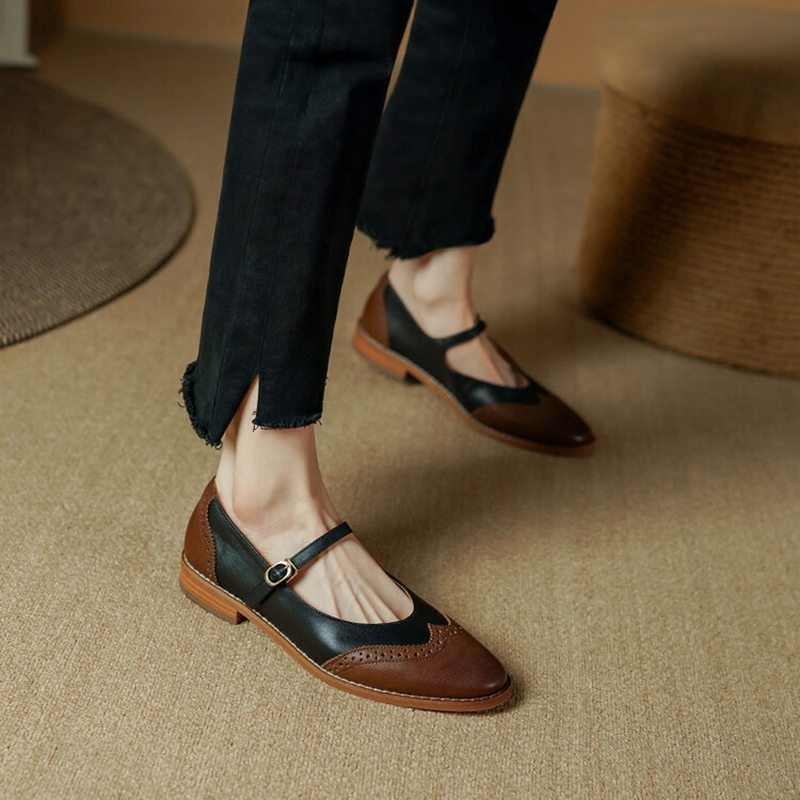 Spring/Fall 2023 Pumps Genuine Leather Round Toe Chunky Low Heel Women Shoes Retro Mary Janes 0be7