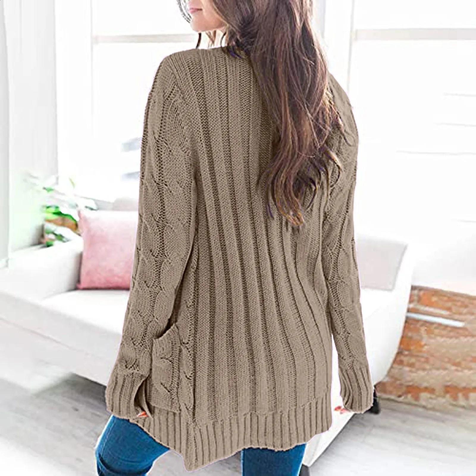 Cardigan Pockets Open Front For Ladies Autumn And Winter Sweaters Womens Long Sleeve Knit Boho Patchwork Coat 240904