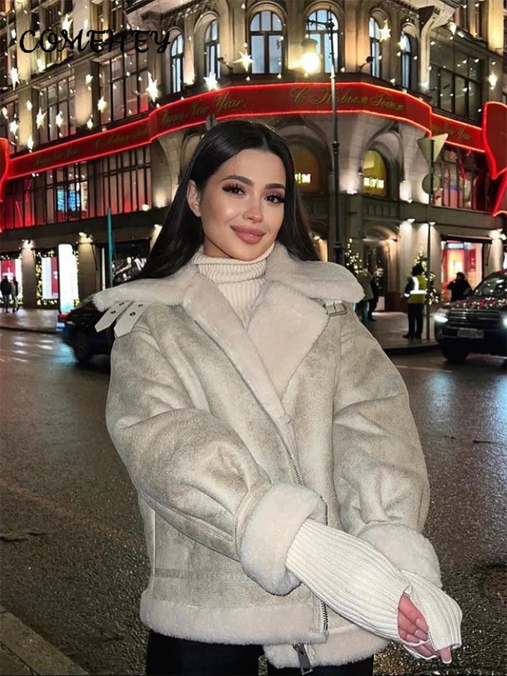 Wool sheepskin short sleeved womens jacket long lapel zipper pocket with fashionable autumn and winter street clothing fully matched 240905
