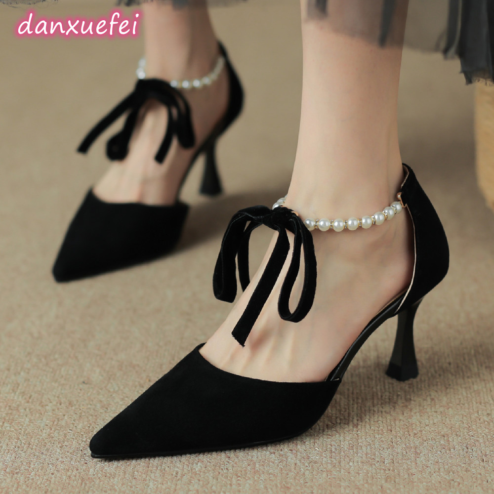 women's danxuefei natural suede leather thin high heel pointed toe ankle strap pumps elegant New ladies beading bowtie summer shoes fe54