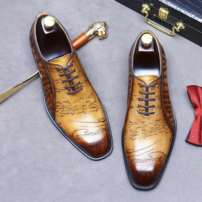 Italian Design Hand Painted Letter Men Wedding Dating Shoes Genuine Leather High Quality Formal Business Dress Shoes