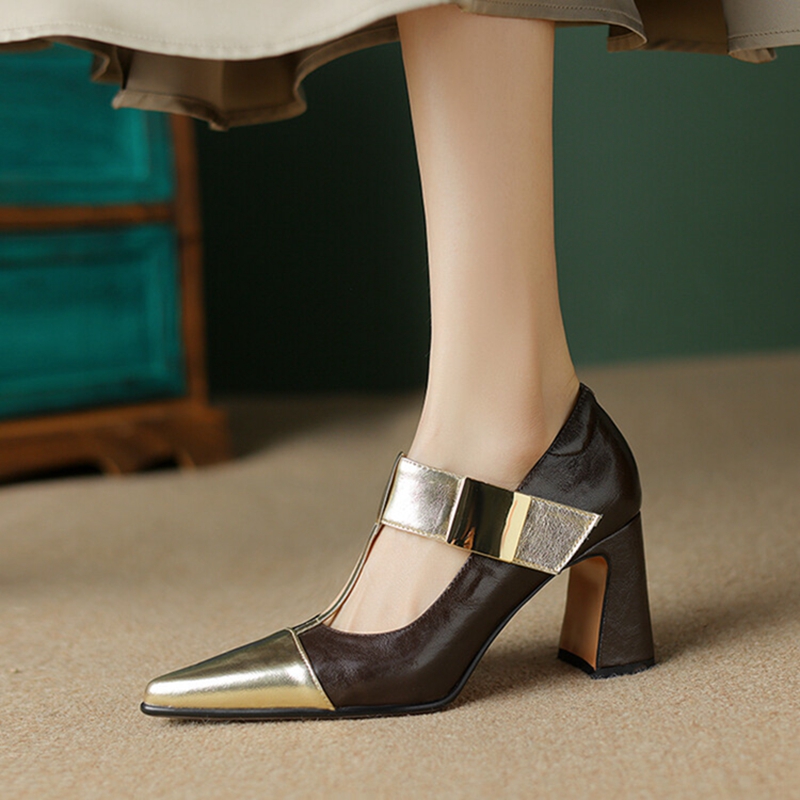 Spring/Autumn NEW Pumps Genuine Leather for New Women Pointed Toe Chunky Buckle High Heel Mary Janes Shoes 18ec