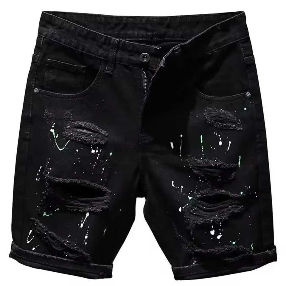 Mens Kpop Y2K Streetwear Dotting Ink Design Distressed Casual Black Shorts JeansX240914