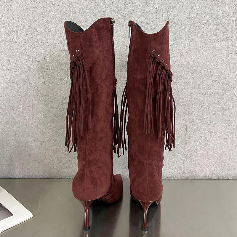 Fashion Designer Tassels Footwear Women Knee High Boots With Thin Heels Shoes Female Pointed Toe Ladies Long Booties